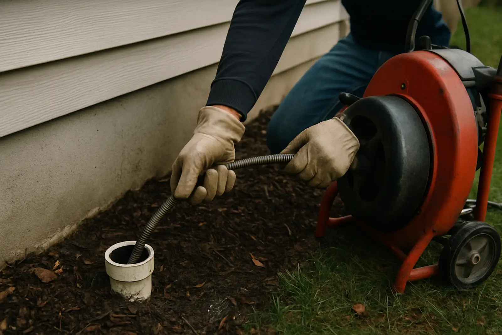 Drain cable going into a sewer cleanout beside a house