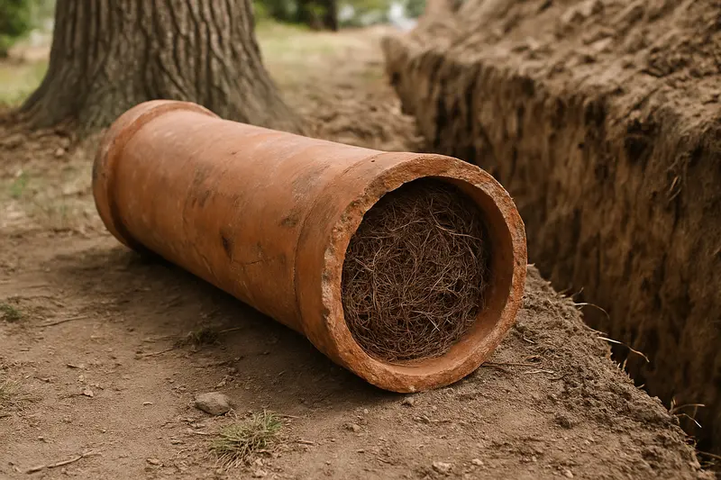 Roots in clay sewer pipe